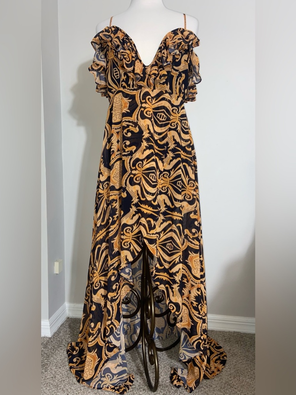 Akira Baroque Gold Black Plunging Neckline Ruffled Maxi High Low Dress L Large